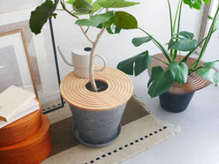 ラバーウッド製土隠しプラントテーブルの展示