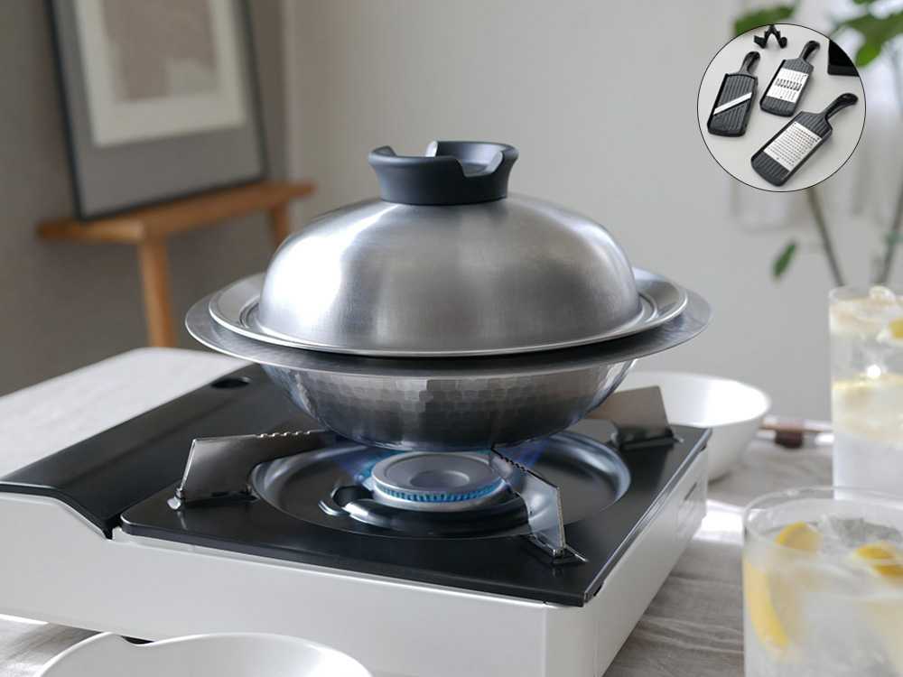 《コンパクトスライサーセット》【Arnest/アーネスト】 とにかく洗いやすいステンレス卓上鍋 / のせるだけ蒸し器