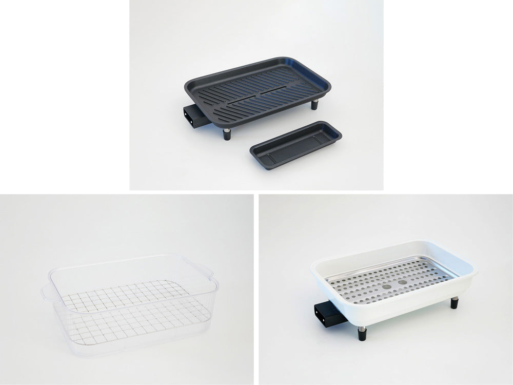 récolteのコンパクトなクリアスチーマーとプラスチック製トレイがホットプレート上に配置されたキッチン用品セット