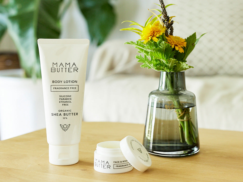 ママバターのラベンダー&オレンジ香るシャンプー、トリートメント、無香料ボディソープ、ボディローションのボトルが揃ったセット