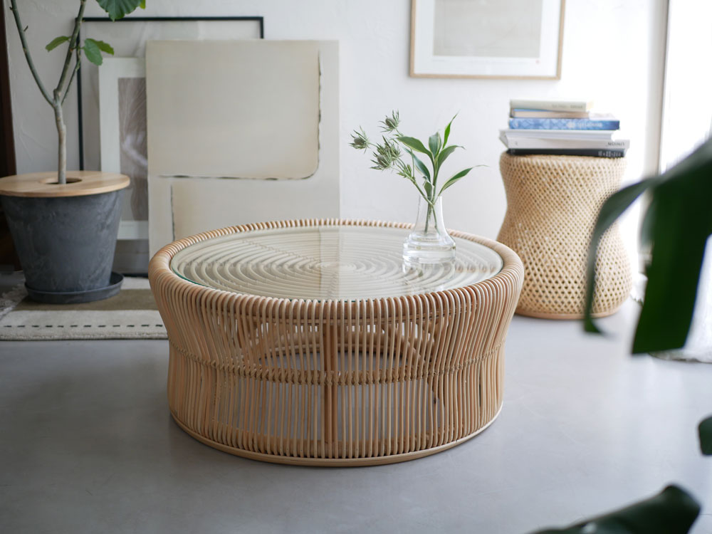「ラタン×ガラスの美曲線！天然素材ローテーブル」　ガラステーブル Sunflower Rattan/サンフラワーラタン】ラタン×ガラスのローテーブル