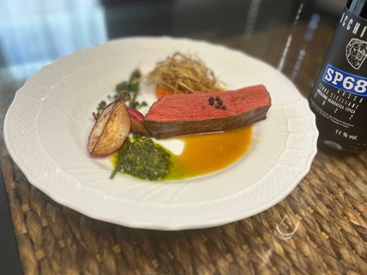 牛モモ肉のロースト　にんじんのアグロドルチェ　ソースロベール　サルサヴェルデ