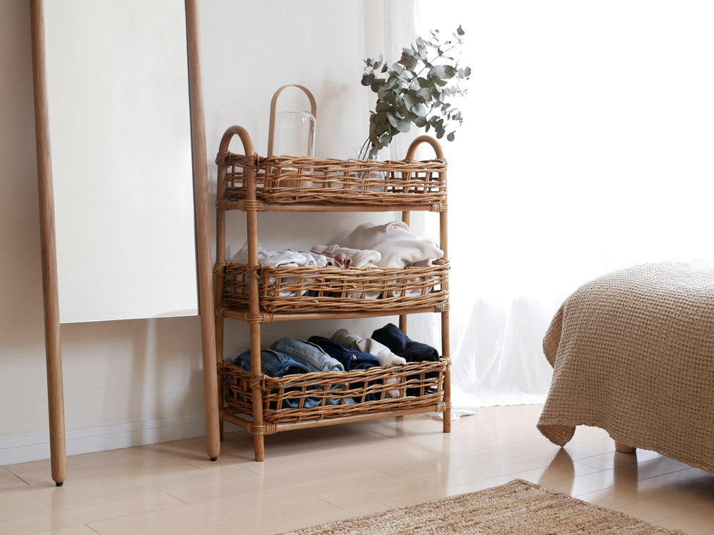 皮付きラタンの多段アラログバスケット