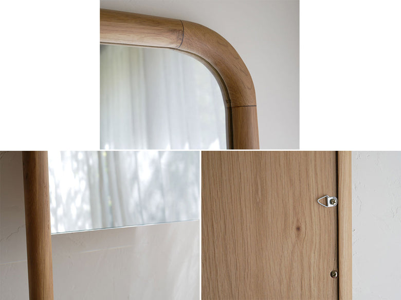 オーク無垢材で作られたNOWHERE LIKE HOMEのスタンドミラーとラダーハンガーセット、木目が美しいデザイン