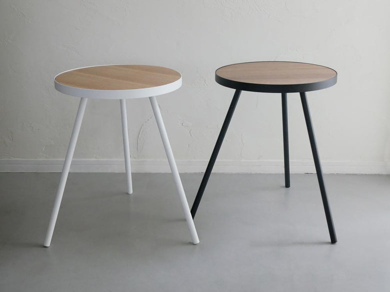 山崎実業タワー型丸サイドテーブル、スチールと天然木