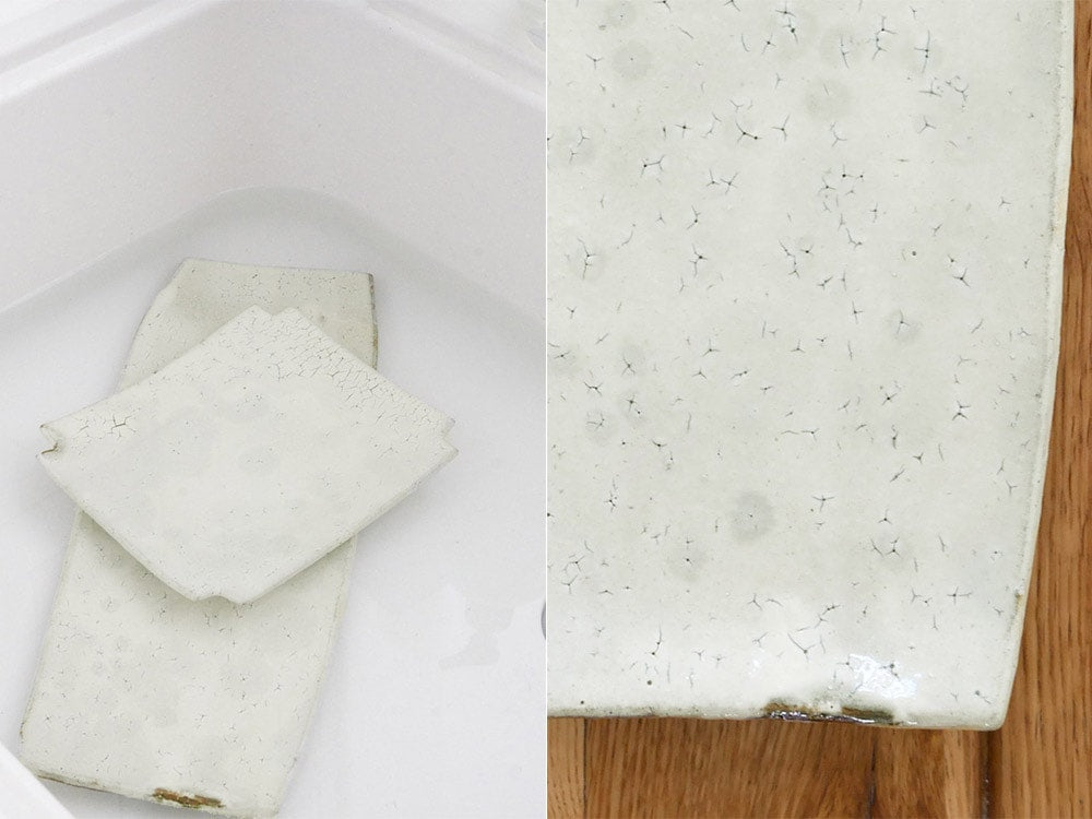 南窯製の手作り荒粉引き隅切菓子皿、自然素材とマーブル模様が特徴のサーブウェア