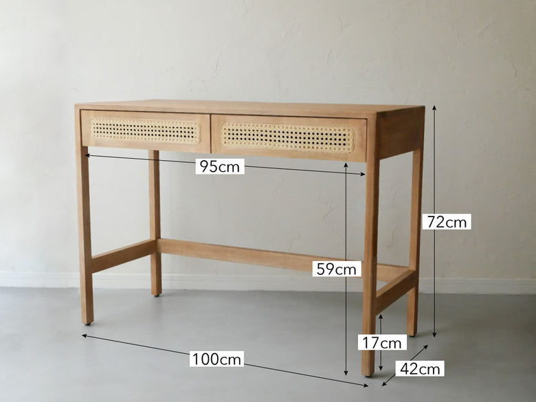 ラタンとチーク材の100cm幅コンソールデスク