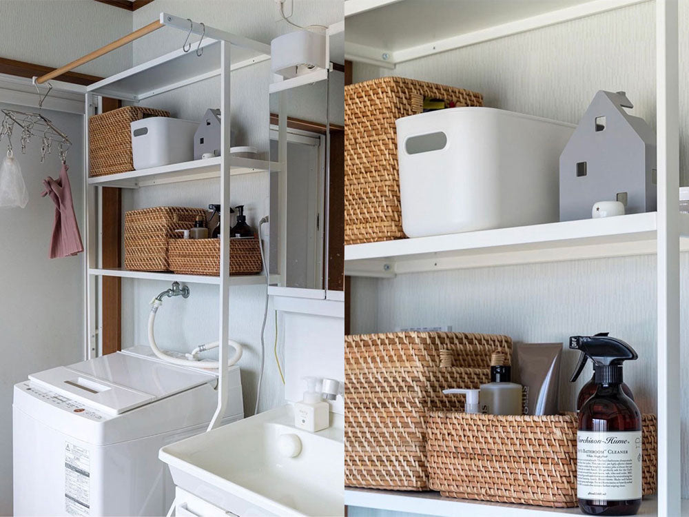 tower/Yamazaki製スチール製立て掛けランドリーシェルフ、幅75cm×奥行48cm×高さ190cm、洗濯機横に設置可能なデザイン