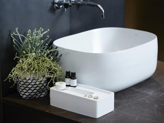 ideacoのgranroofティッシュケースが洗面台に置かれたバスルーム