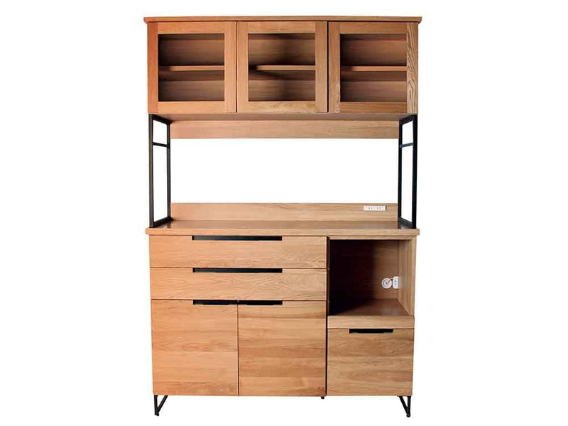 オーク無垢とスチール脚のキッチンボード、棚と引き出し付き