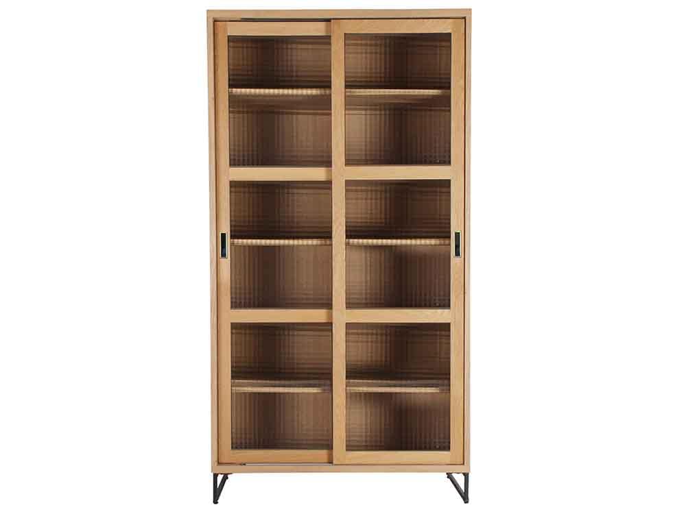 オーク無垢使用のスライドガラスキャビネット、可動棚付き