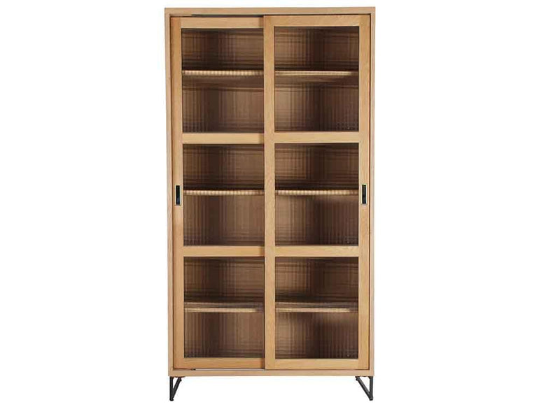 オーク無垢使用のスライドガラスキャビネット、可動棚付き