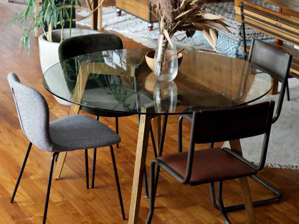 オーク無垢材と生ガラスのガラステーブル