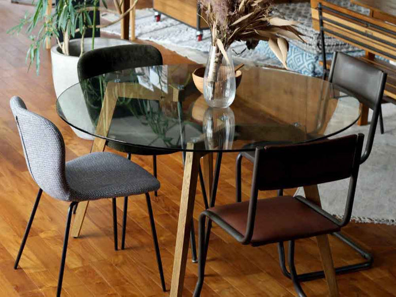 オーク無垢材と生ガラスのガラステーブル