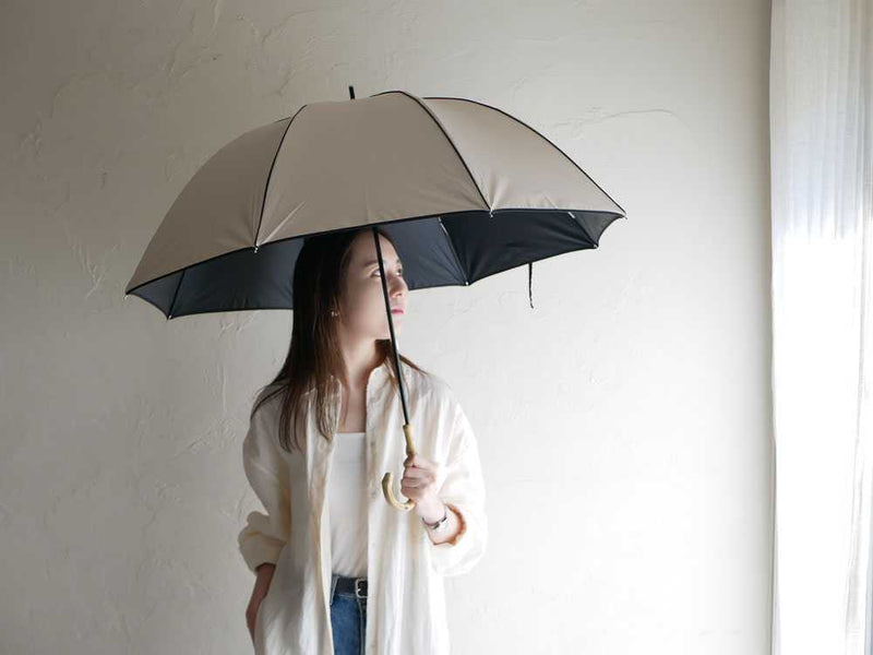 モデルがグレーの晴雨兼用傘を持っている