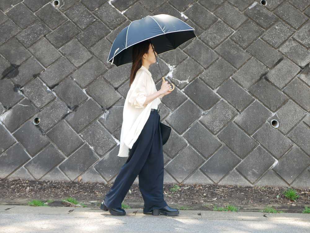 ビコーズの黒い晴雨兼用傘とハンドバッグ