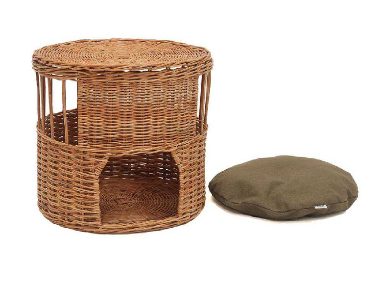 蓋付きクレエのねこハウス、ラタンとコットン製