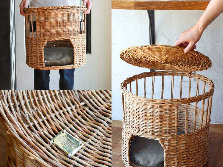 クレエ製ふた付きラタンのねこハウス