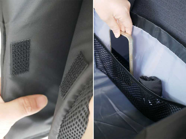 車のシートに固定された荷物転落防止用腰クッション