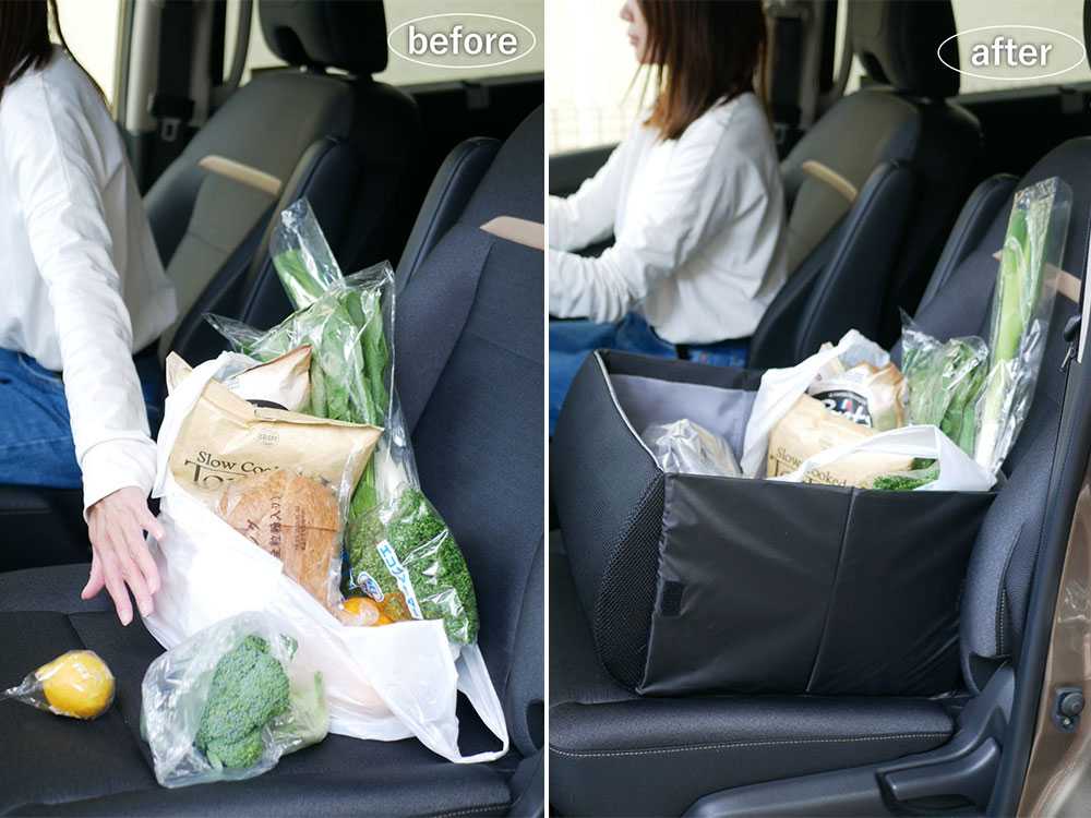 荷物転落防止シートボックスが車のシートに装着されている様子