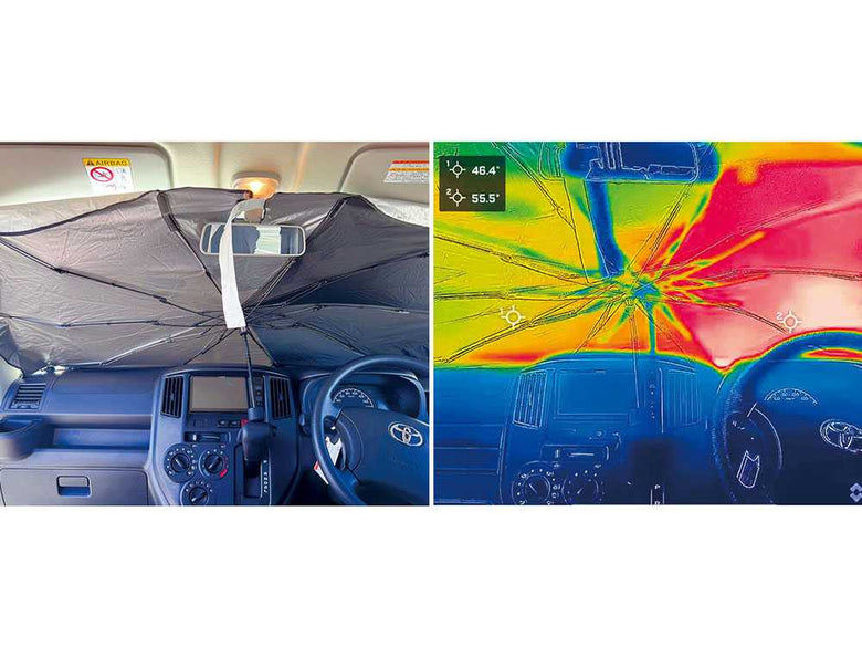 リアビュー鏡に装着されたCARFITY遮夏カーシェード