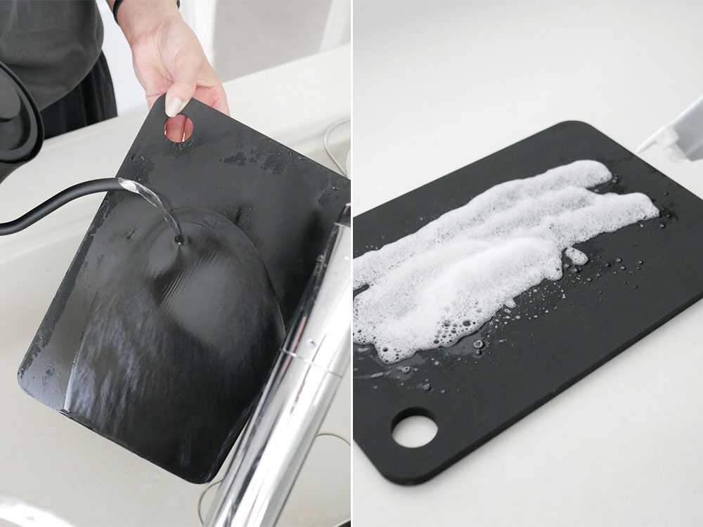 日本製まな板と銀色アルミ調理器具が並ぶ台所