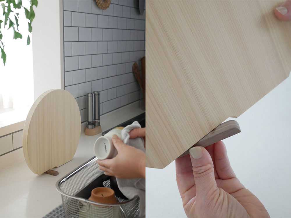 ヒノキの立つ丸いまな板がキッチンで使用中