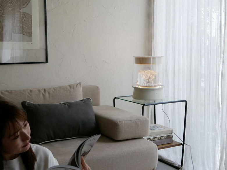 クワッズのガラススチーム加湿器が配置されたリビングルーム