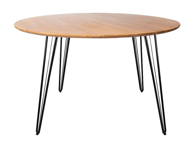 オーク材のアイアン脚付き丸型ダイニングテーブル