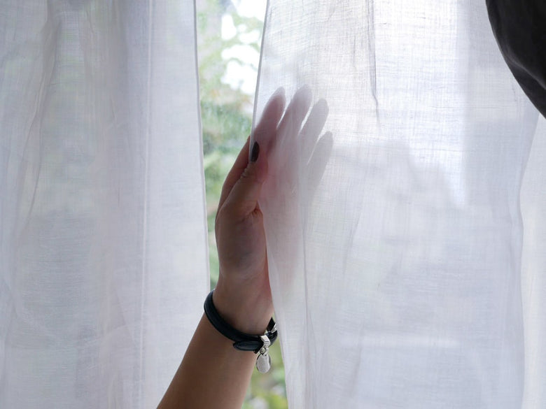 natsusobikuの麻100％リネン素材シルバー色クリップ留めレースカーテン1枚