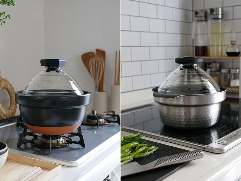 HARIO（ワイ・ヨット）製のIH対応ご飯釜「雪平」。透明なガラス蓋を備えたステンレスとアルミ製の鍋身が特徴的なデザイン。
