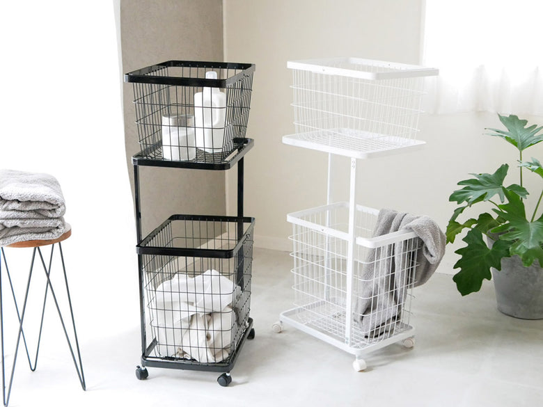 YAMAZAKIのランドリーワゴン「towerトスカ」、スチール製で上下にMサイズとLサイズのバスケットを備えた洗濯物収納カート