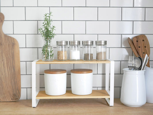 Yamazaki製トスカキッチンラック、スチールと木製の棚付き