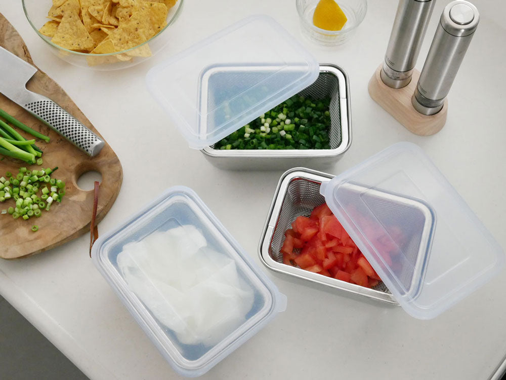 シリコンフタ付き角型バットとザルのセット