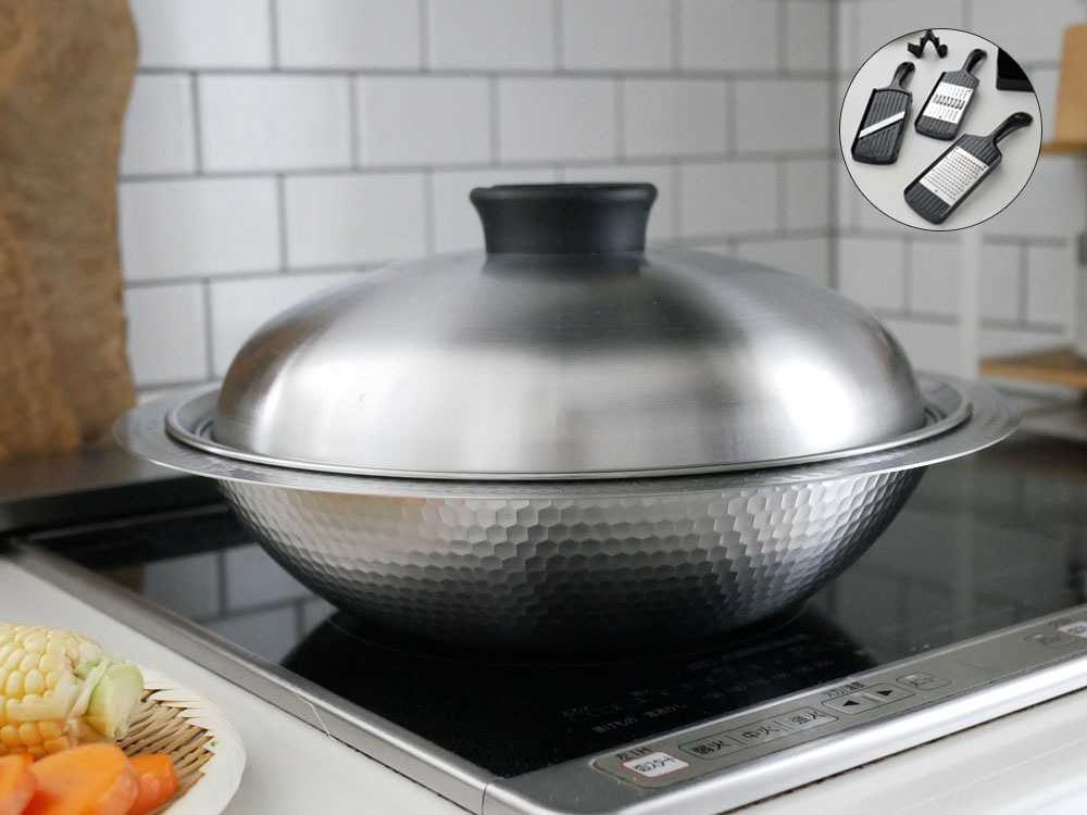 《コンパクトスライサーセット》【Arnest/アーネスト】  とにかく洗いやすいステンレス卓上鍋 / のせるだけ蒸し器