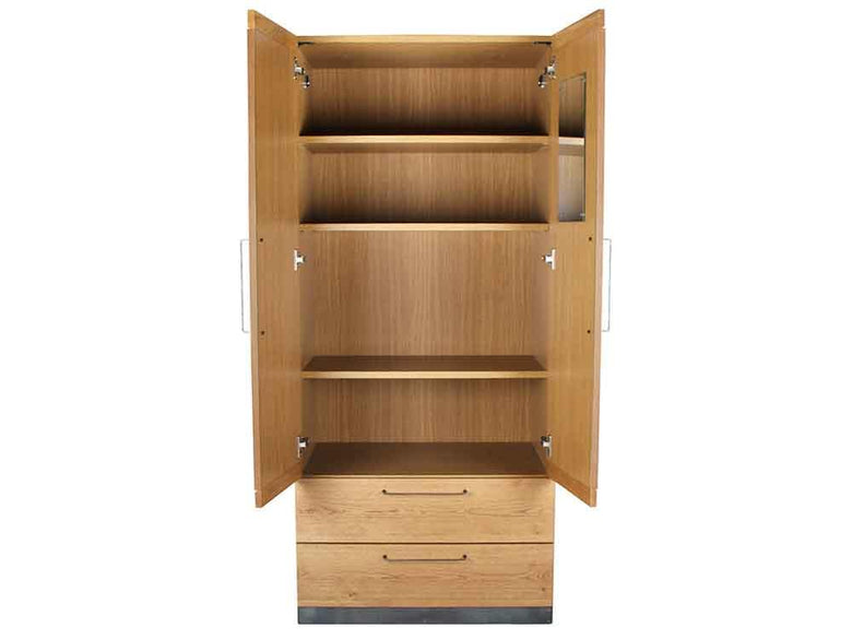 ブラウン色の2ドアワードローブと引き出し