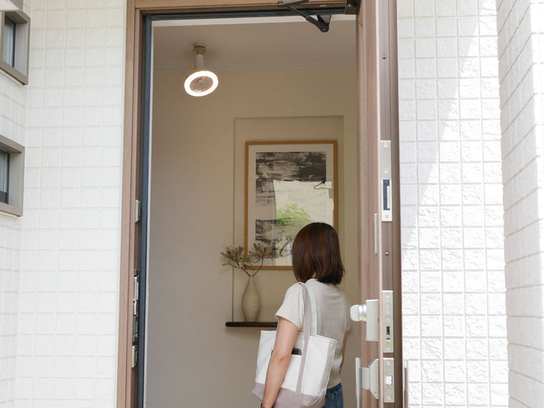 鏡付きガラス照明と観葉植物が配置された室内