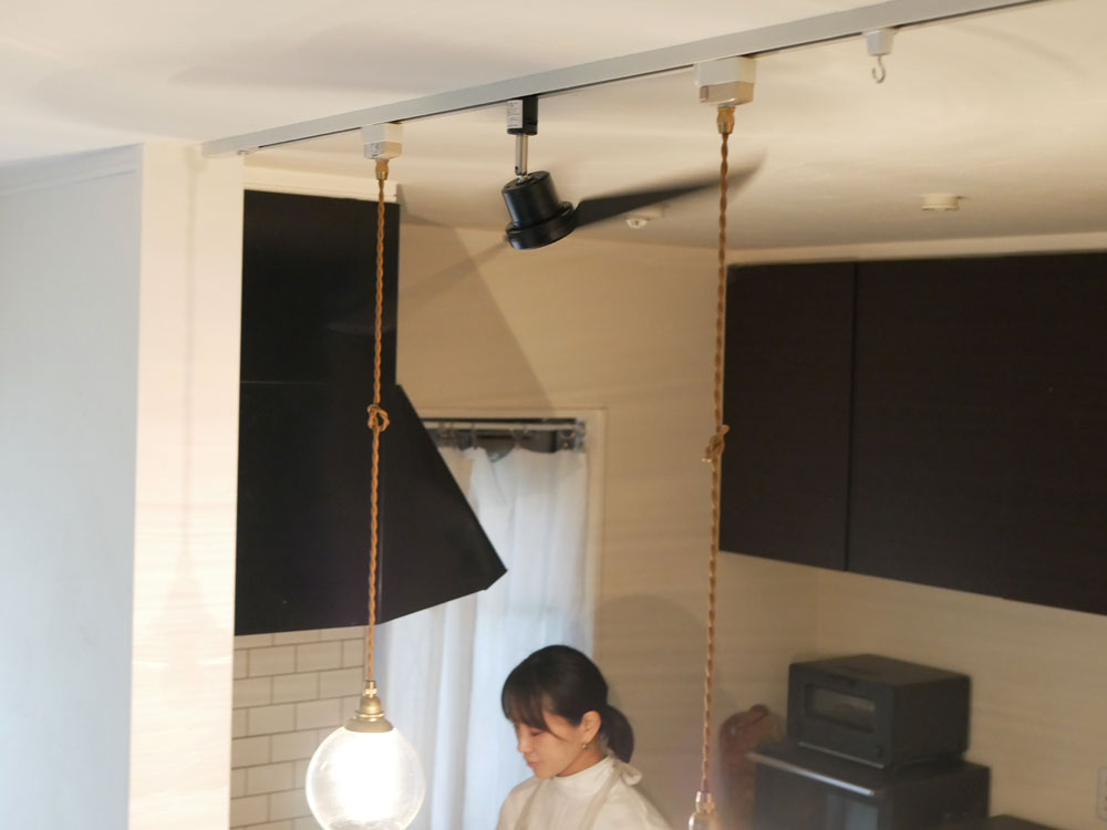 室内の天井に取り付けられたBRIDダクトレールファンDCプラスΦ50の照明器具