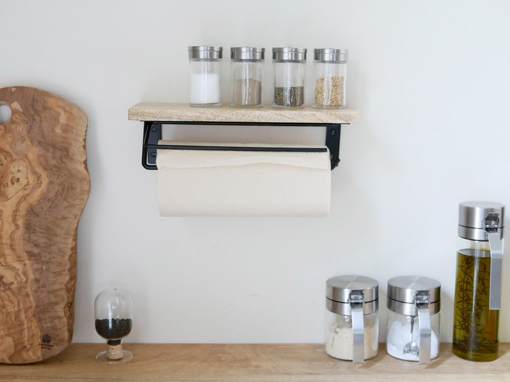 ポッシュリビング製ウッド＆アイアンの壁掛けトイレットペーパーホルダー