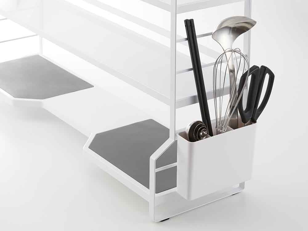 YAMAZAKI/towerのスチール製タワーコンロ奥ラック、幅79cm高さ46cmの多段棚付きデザイン