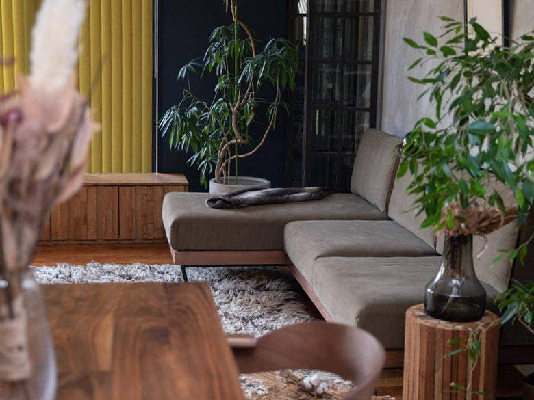 ウォルナット材のウェルメソファとハードウッドフロア