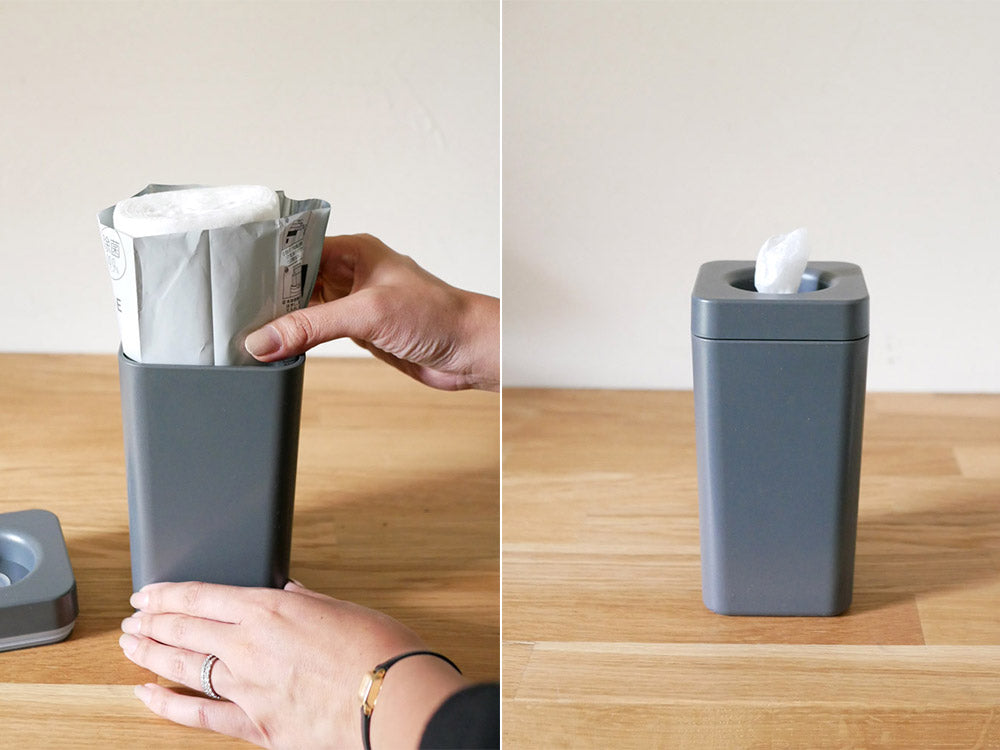 sarasa designのb2cウェットティッシュスタンド、コルク蓋付き、ABS・シリコン製、サイズ約9×9×19cm