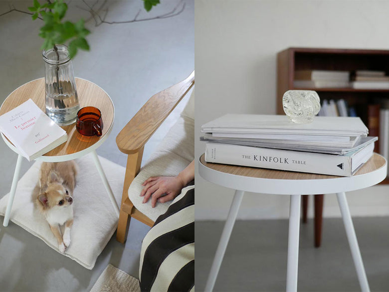 山崎実業製 スチールと木の丸型タワーサイドテーブル