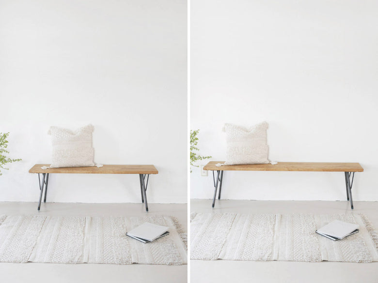 SIKAKU四角商店製オーク無垢材の天板とクリアラッカー塗装の鉄脚を持つモダンなベンチ。自然な木目とシンプルなデザインが特徴。