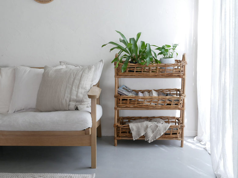 クレエ製3段皮付きラタンバスケット