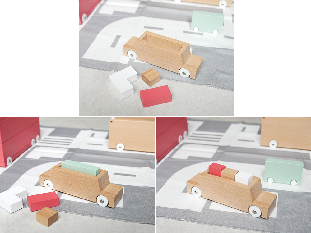 dou?ブランドの消防車おもちゃセット。21x9x12cmの木製消防車、布製マップ、ブロック3個が含まれています