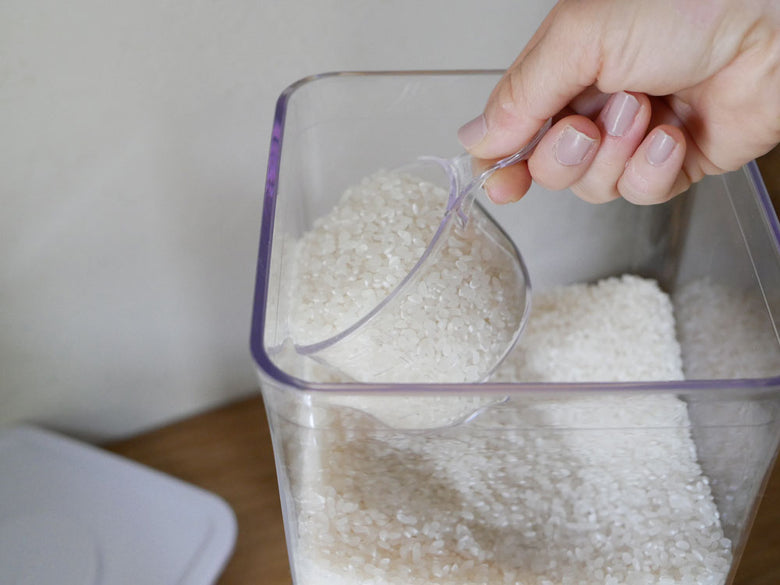 OXO（オクソー）POP2シリーズのビックスクエアミディアム、ビックスクエアトール、ポップスクープ、ライスカップが並んでいる写真