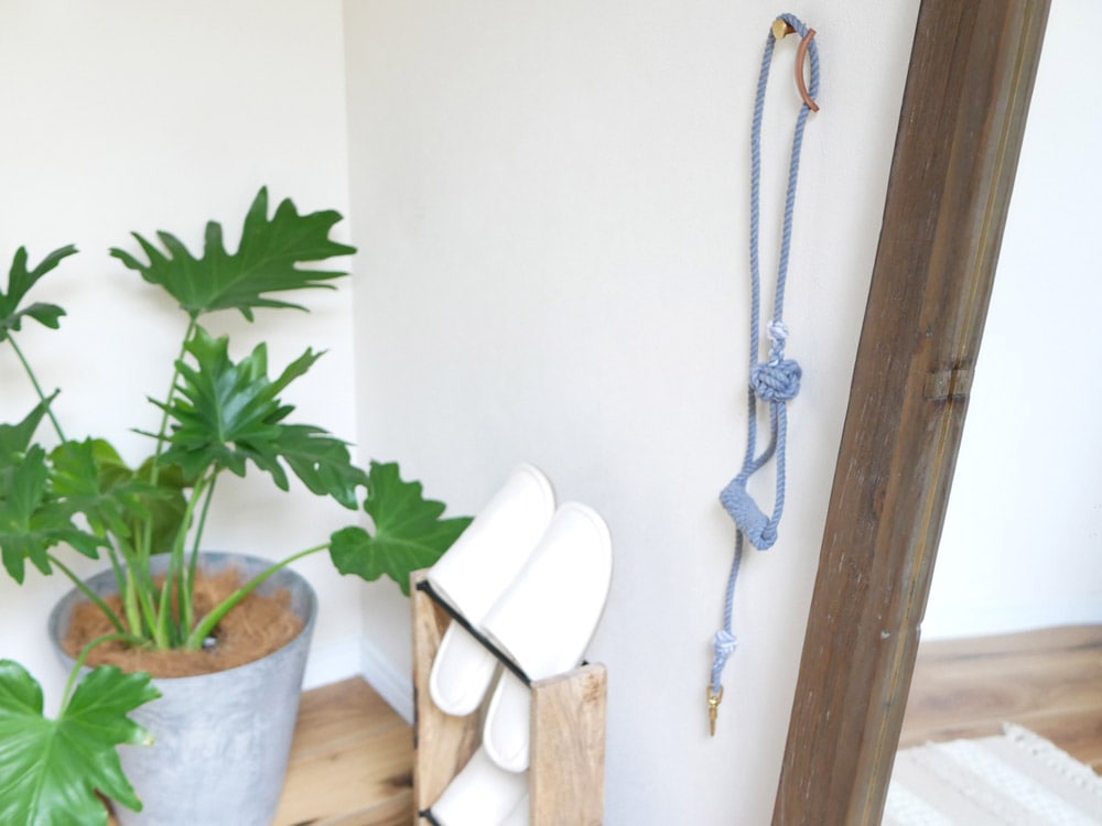 天然素材とロープを使用したTOOLS FOR THE DOGのドッグリードが、花鉢と観葉植物とともに配置されています。