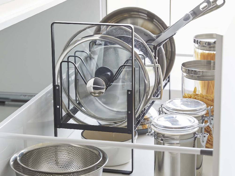 タワー シンク下用高さ調整2段鍋蓋＆フライパン収納ラック ブラック