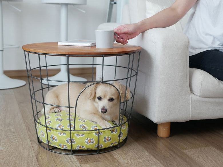 木材と鉄を組み合わせたバスケット型テーブル